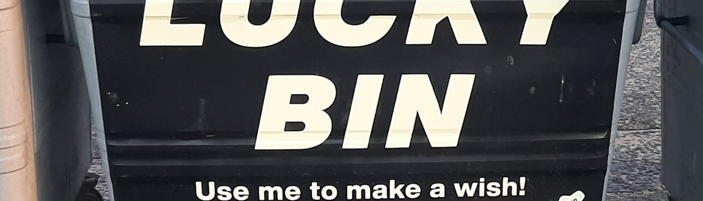 photo of rubbish skip with "lucky bin" written on it