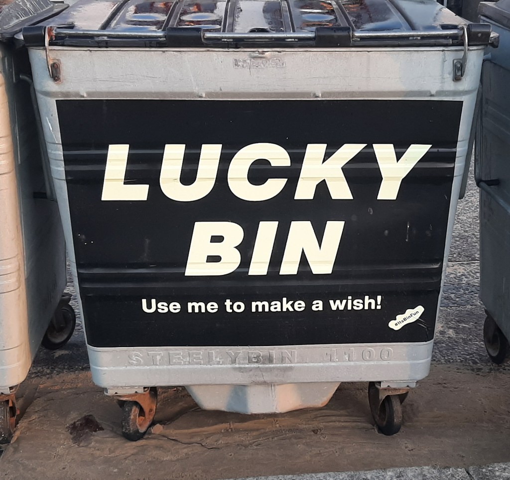 photo of rubbish skip with "lucky bin" written on it